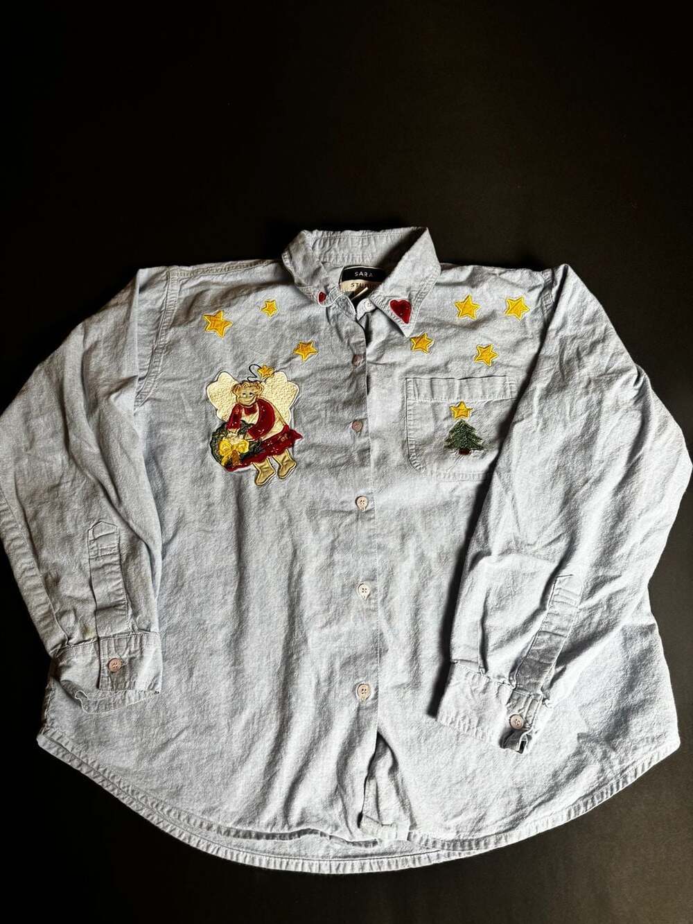 Sara Studio Vintage Christmas Angel & Stars Embroidered Chambray Button Down